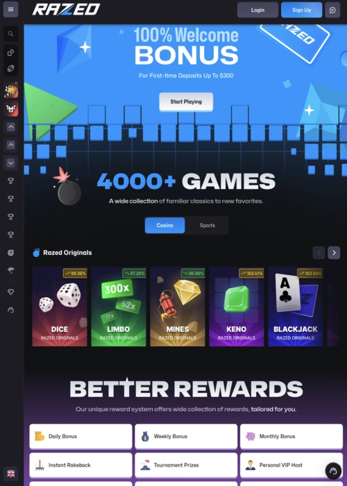 Main game selection portal Razed Casino